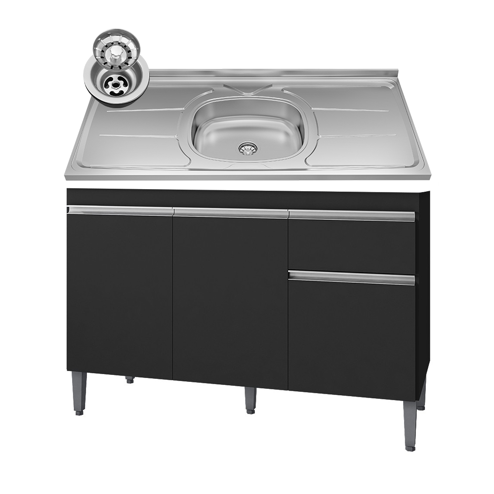 Balcão Gabinete Com Pia Inox 120cm 3 Portas e 1 Gaveta Tatiane Preto - AJL Móveis