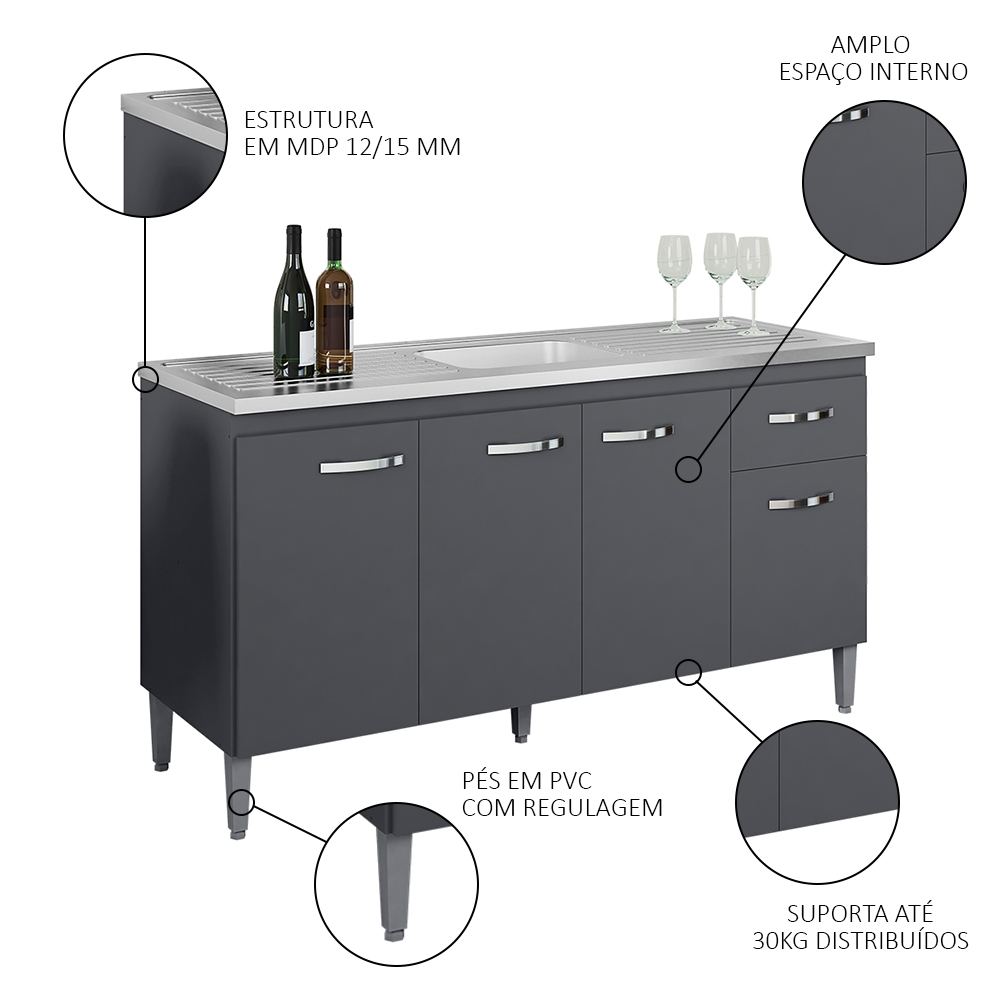 Balcão Gabinete Com Pia Inox 150cm 4 Portas e 1 Gaveta Gabriela Cinza - AJL Móveis