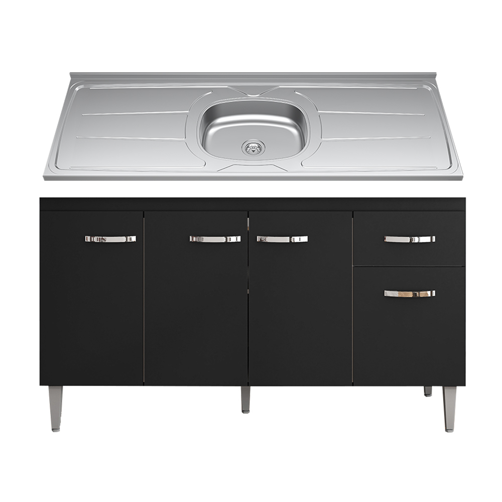 Balcão Gabinete Com Pia Inox 150cm 4 Portas e 1 Gaveta Gabriela Preto - AJL Móveis
