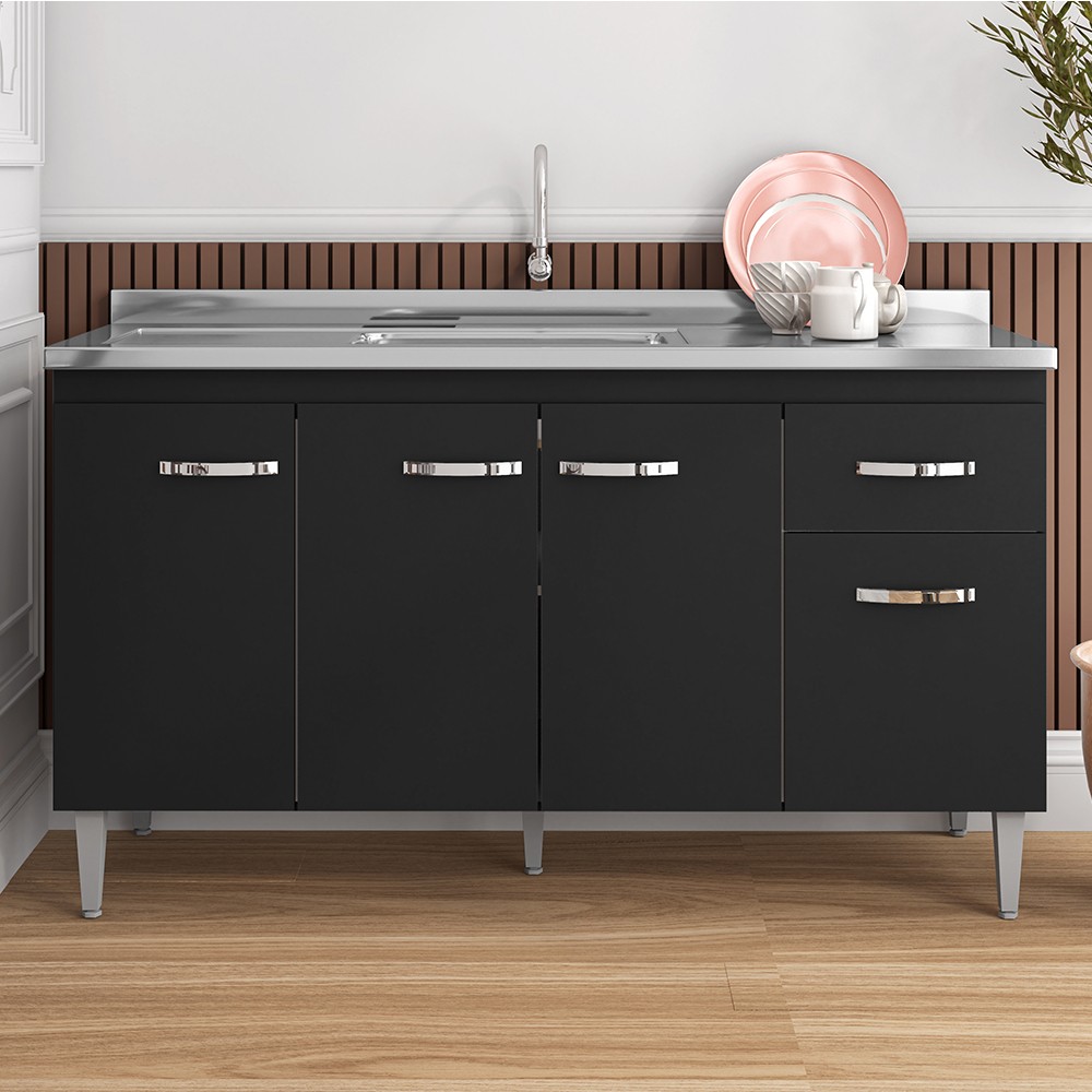 Balcão Gabinete Com Pia Inox 150cm 4 Portas e 1 Gaveta Gabriela Preto - AJL Móveis