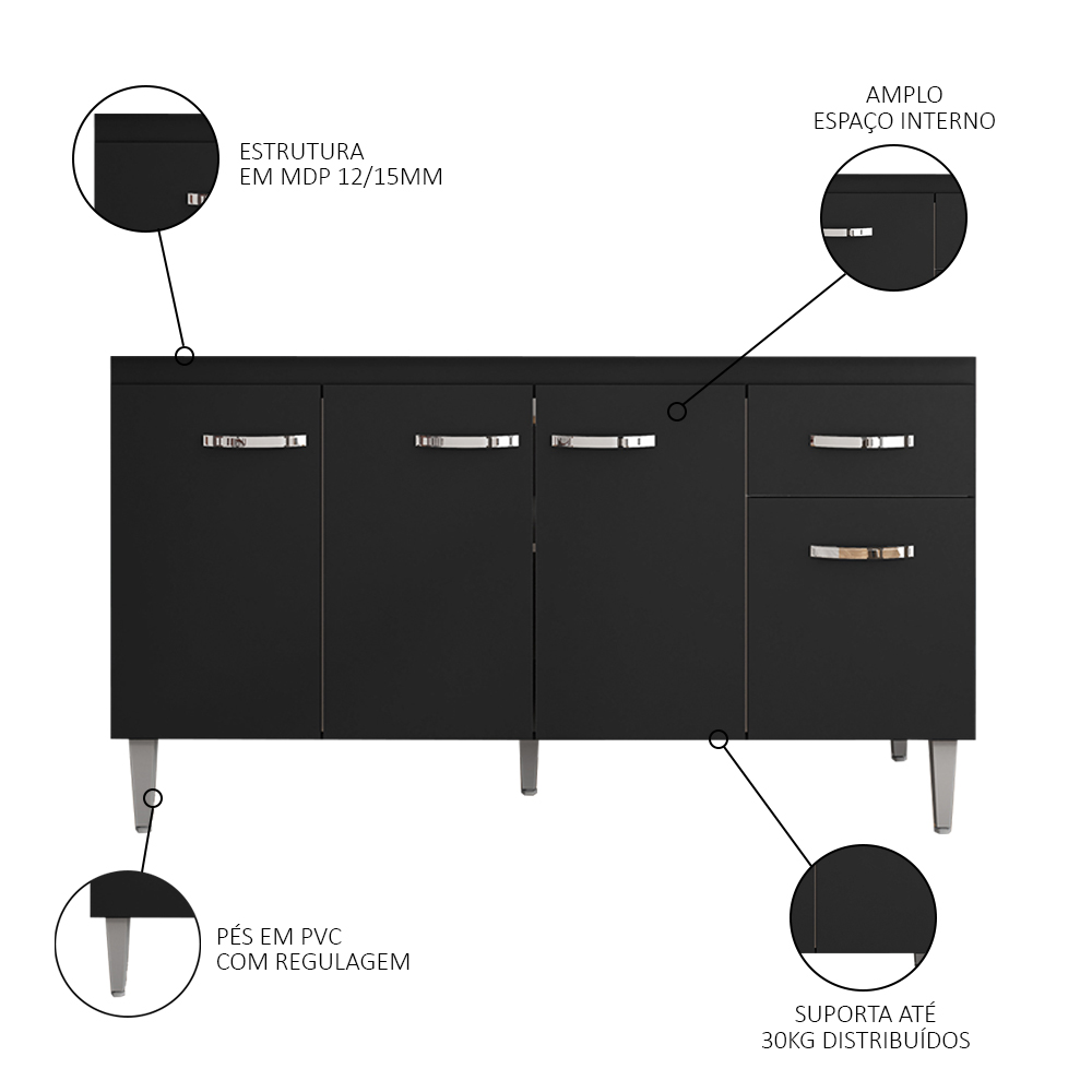 Balcão Gabinete Com Pia Inox 150cm 4 Portas e 1 Gaveta Gabriela Preto - AJL Móveis