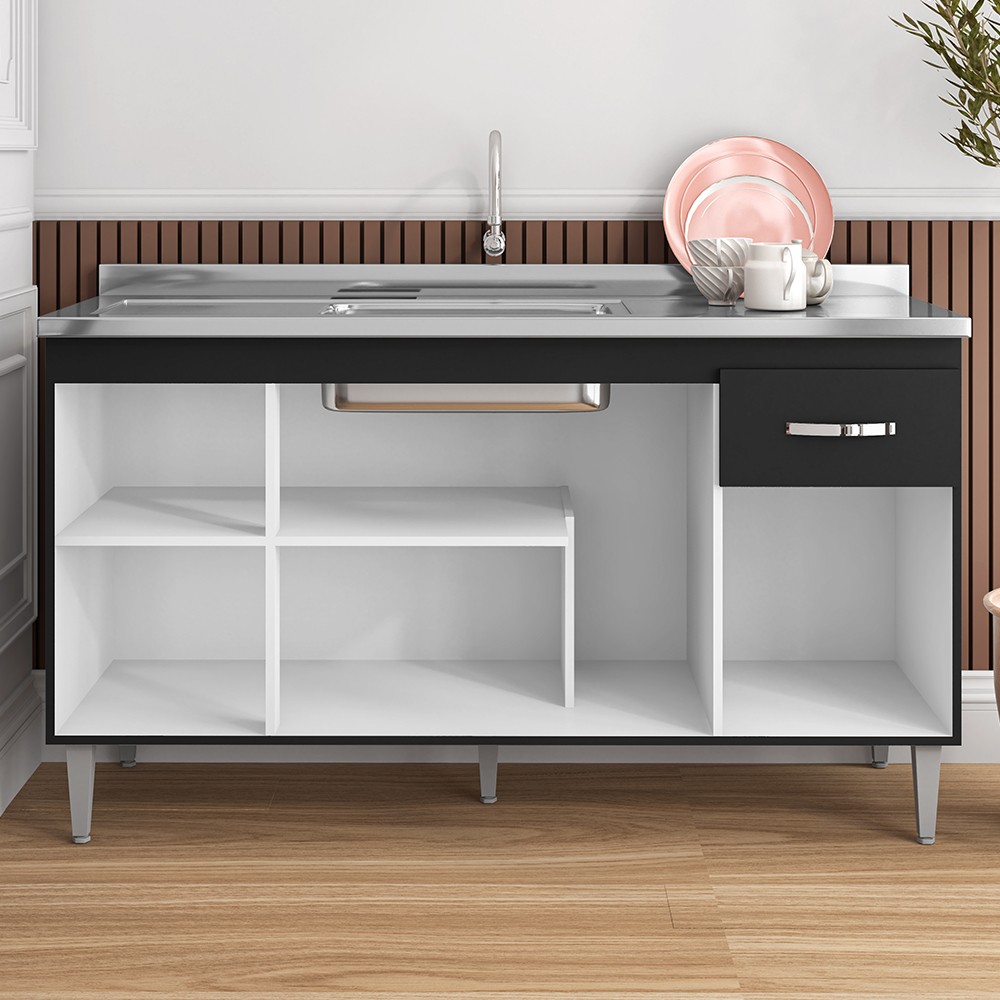 Balcão Gabinete Com Pia Inox 150cm 4 Portas e 1 Gaveta Gabriela Preto - AJL Móveis