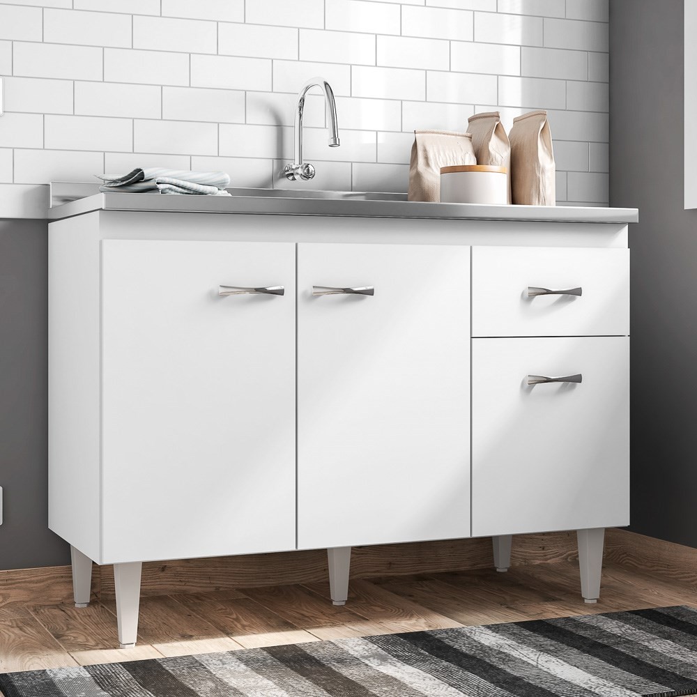Balcão Gabinete Gabriela com Pia Inox 120cm 3 Portas Branco/Preto - AJL Móveis
