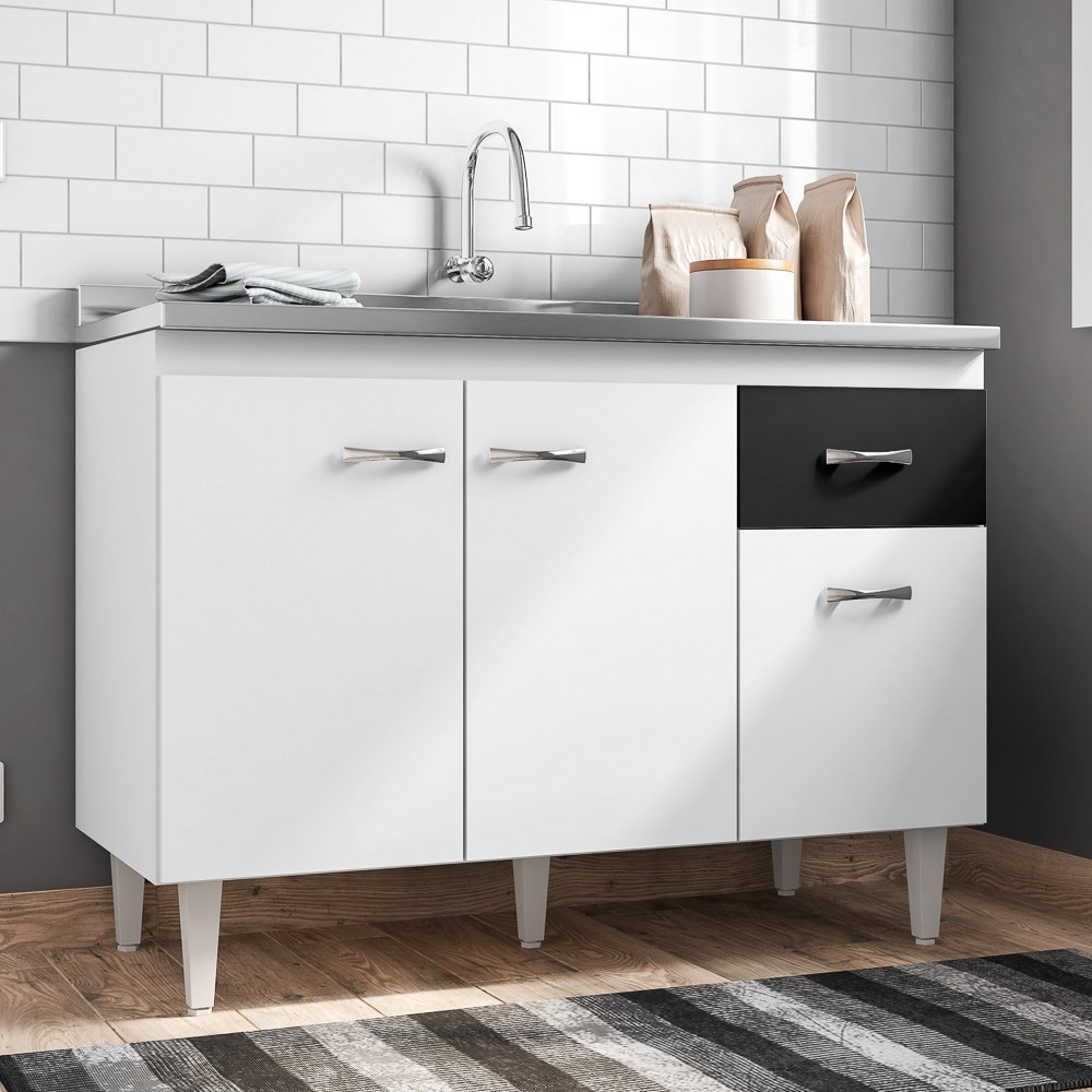 Balcão Gabinete Gabriela com Pia Inox 120cm 3 Portas Branco/Preto - AJL Móveis