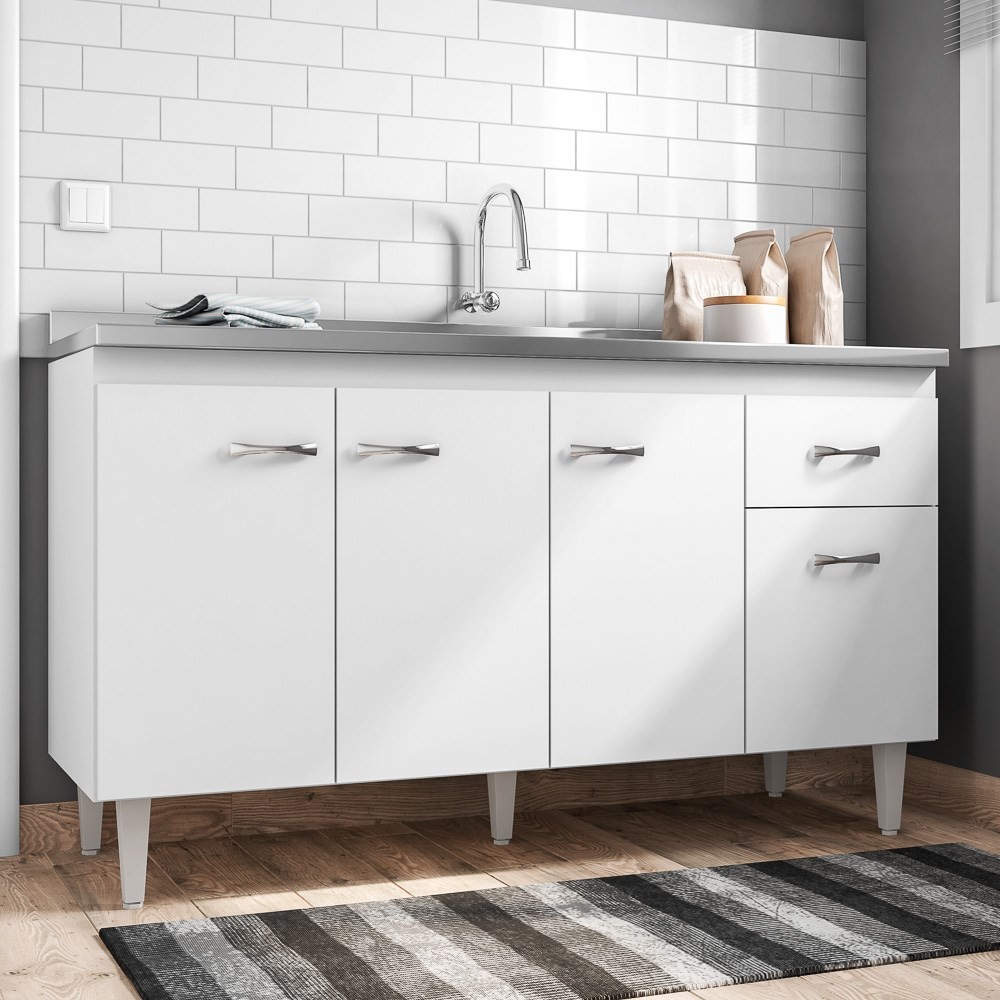 Balcão Gabinete Gabriela com Pia Inox 150cm 4 Portas Branco/Preto - AJL Móveis