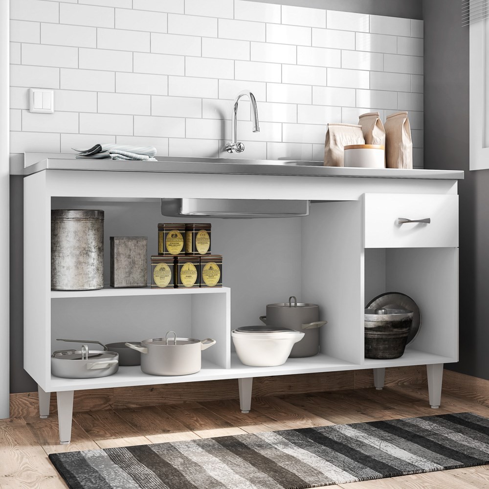 Balcão Gabinete Gabriela com Pia Inox 150cm 4 Portas Branco/Preto - AJL Móveis