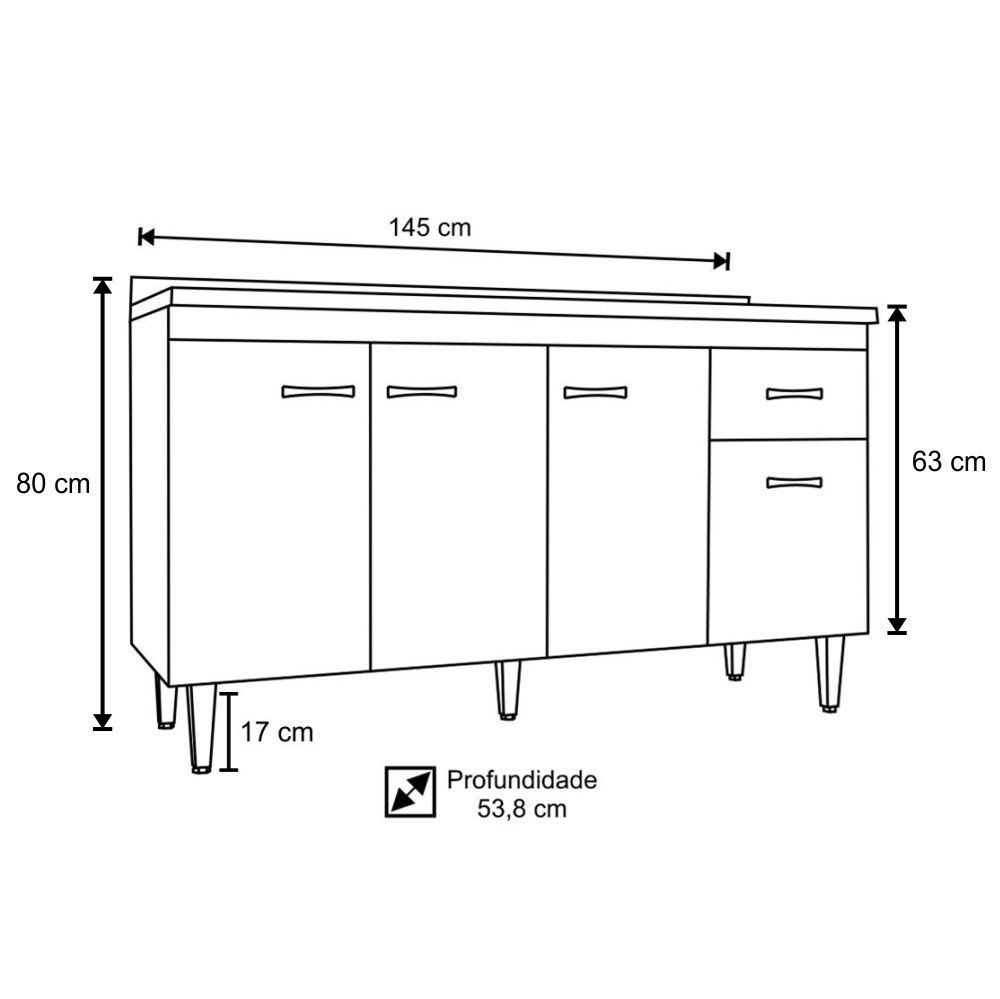Balcão Gabinete Gabriela com Pia Inox 150cm 4 Portas Branco/Preto - AJL Móveis