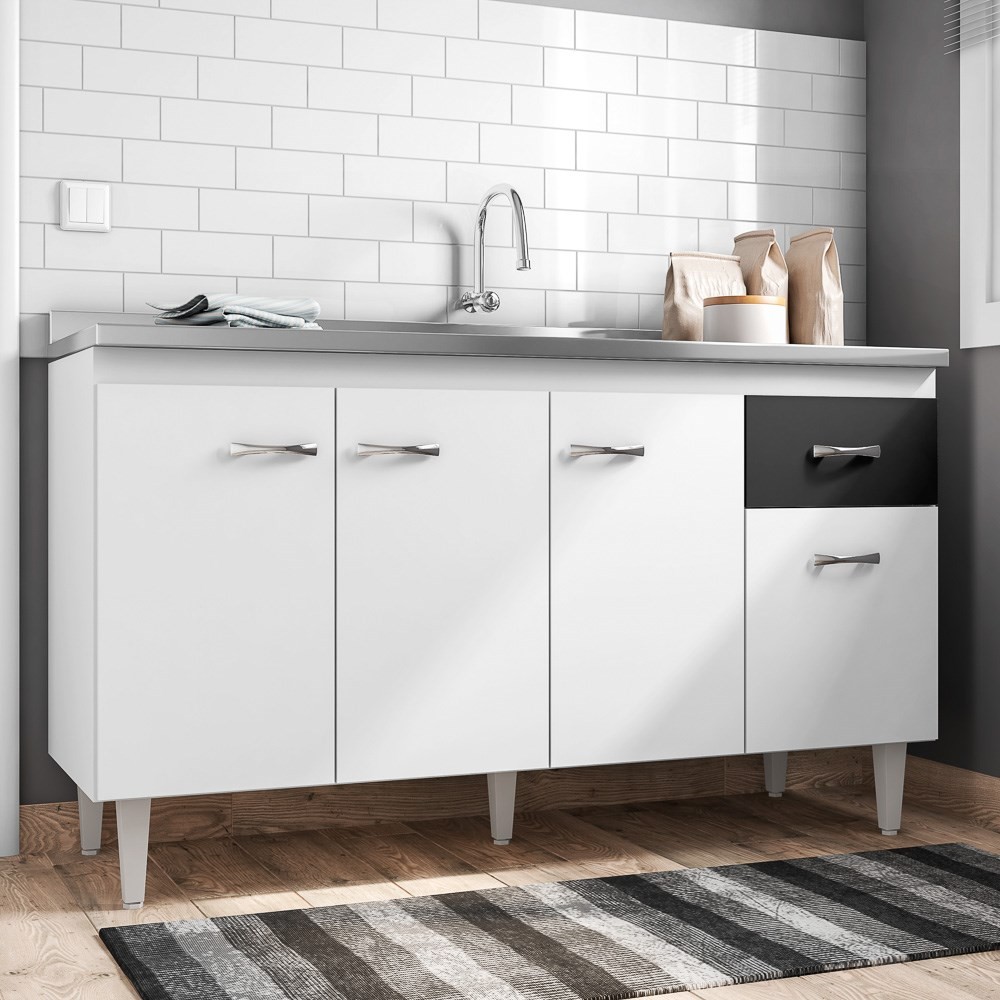 Balcão Gabinete Gabriela com Pia Inox 150cm 4 Portas Branco/Preto - AJL Móveis