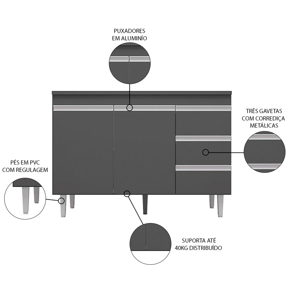 Balcão Gabinete Para Pia 120cm com Tampo 2 Portas Andréia Cinza - AJL Móveis