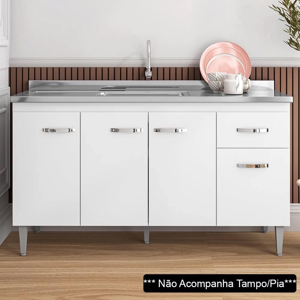 Balcão Gabinete Para Pia 150cm 4 Portas 1 Gaveta Gabriela Branco/Preto Flex - AJL Móveis