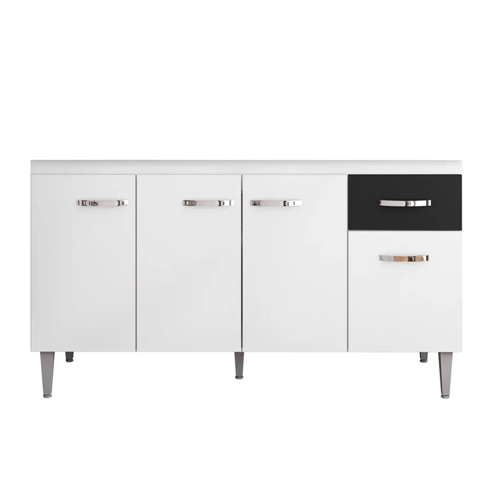 Balcão Gabinete Para Pia 150cm 4 Portas 1 Gaveta Gabriela Branco/Preto Flex - AJL Móveis
