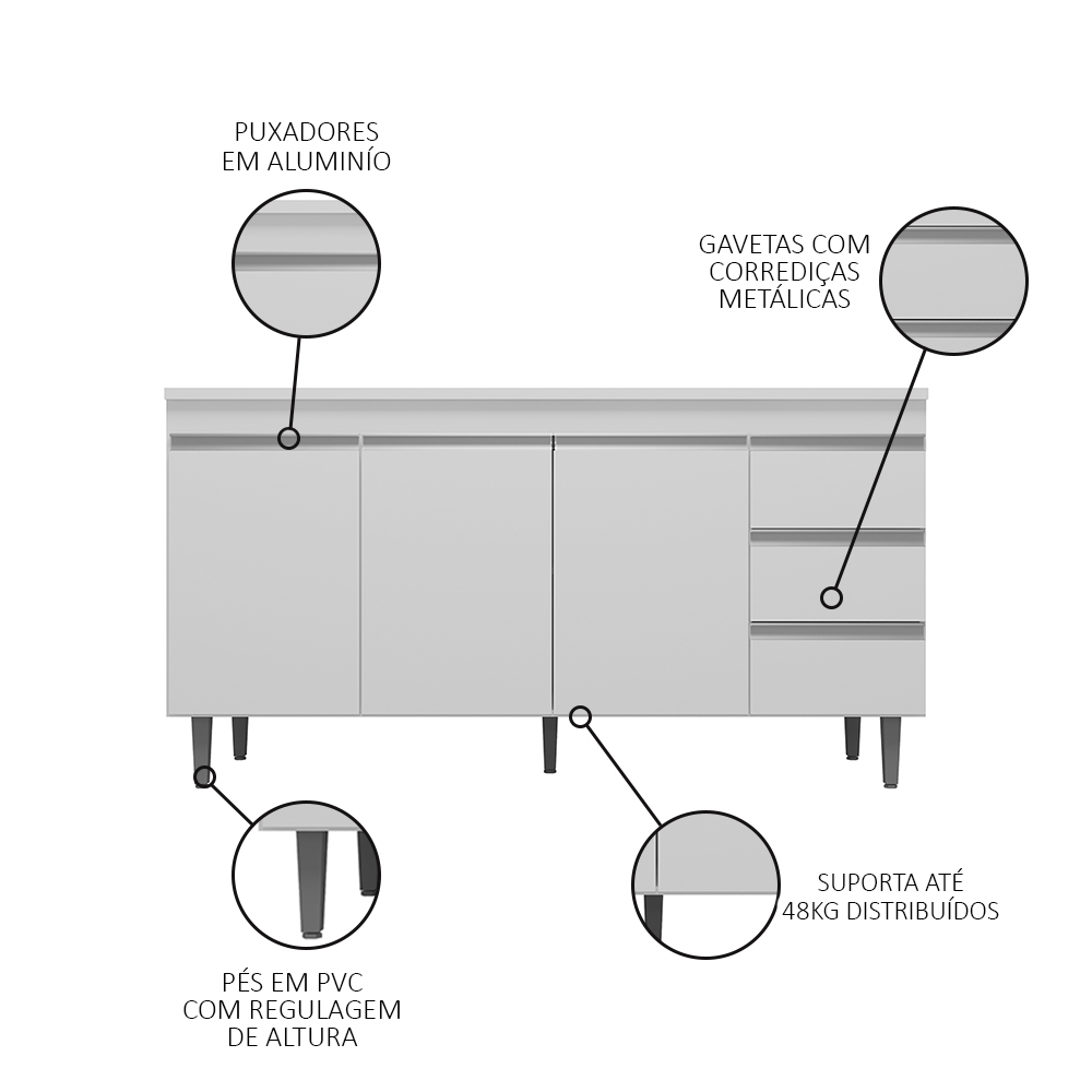 Balcão Gabinete Para Pia 160cm com Tampo 3 Portas Andréia Branco - AJL Móveis