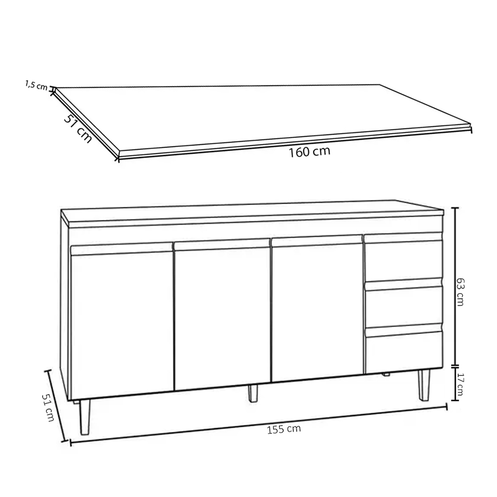 Balcão Gabinete Para Pia 160cm com Tampo 3 Portas Andréia Cinza - AJL Móveis