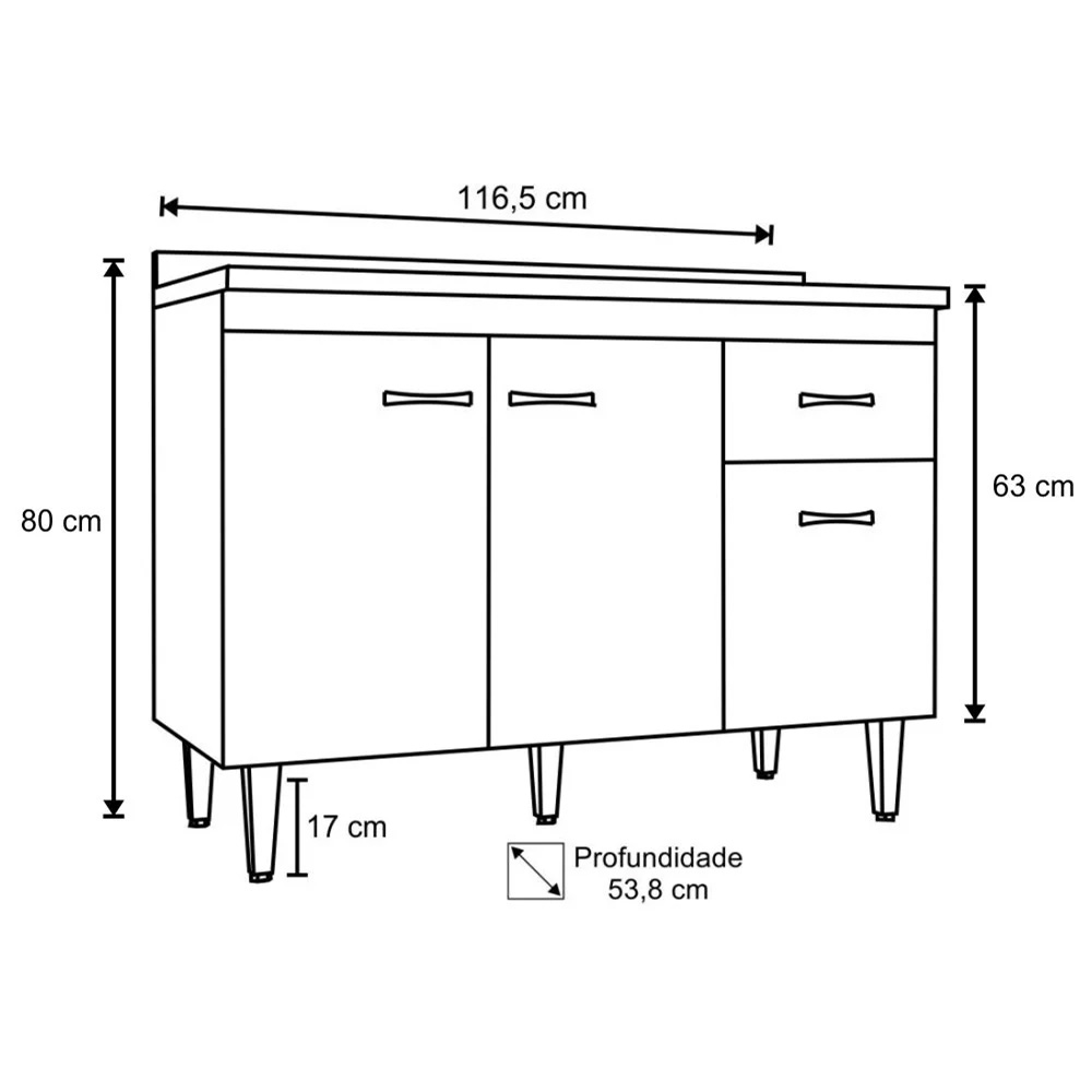 Balcão Gabinete Para Pia Sem Tampo 120cm 3 Portas e 1 Gaveta Flex Gabriela Branco/Preto - AJL Móveis