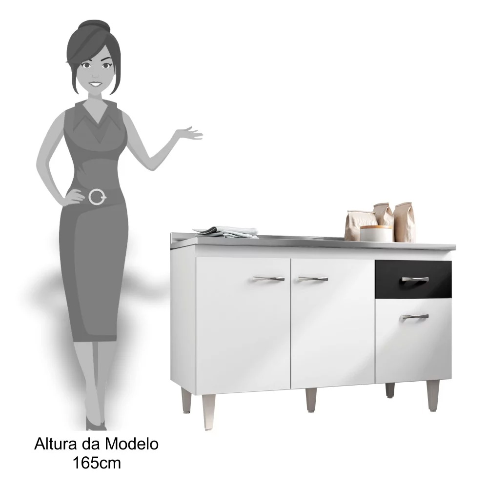 Balcão Gabinete Para Pia Sem Tampo 120cm 3 Portas e 1 Gaveta Flex Gabriela Branco/Preto - AJL Móveis