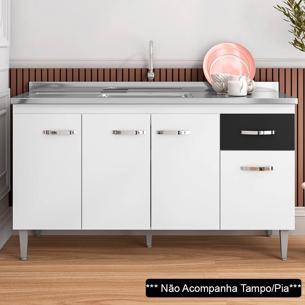 Balcão Gabinete Para Pia Sem Tampo 150cm 4 Portas e 1 Gaveta Flex Gabriela Branco/Preto - AJL Móveis