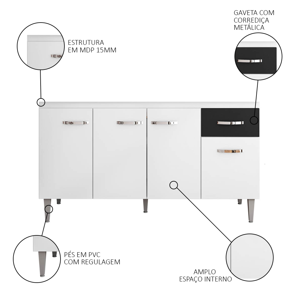 Balcão Gabinete Para Pia Sem Tampo 150cm 4 Portas e 1 Gaveta Flex Gabriela Branco/Preto - AJL Móveis