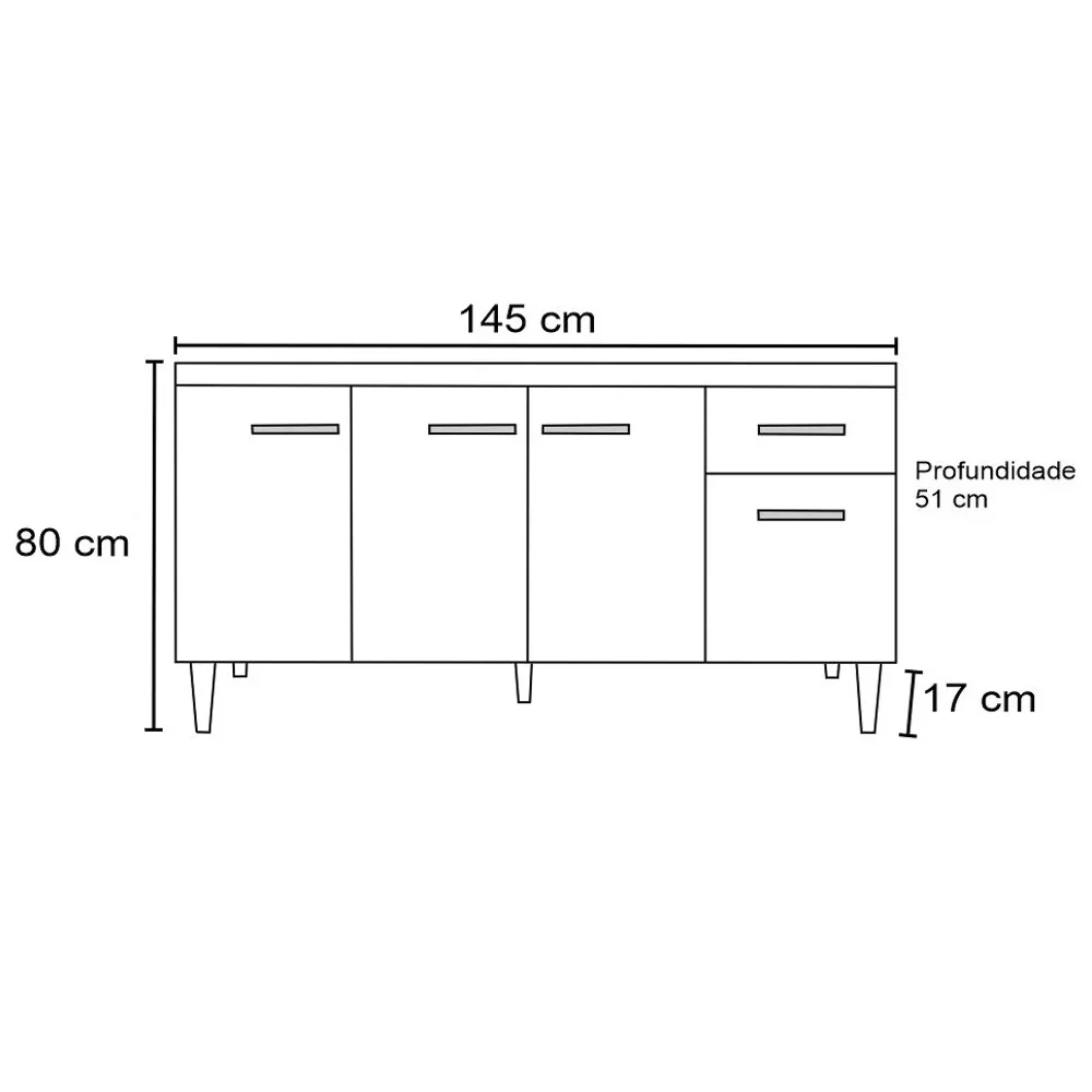Balcão Gabinete Para Pia Sem Tampo 150cm 4 Portas e 1 Gaveta Flex Gabriela Branco/Preto - AJL Móveis