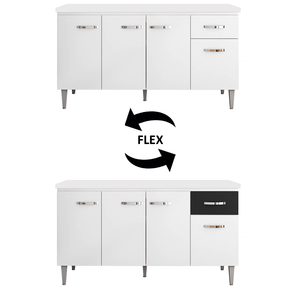 Balcão Gabinete Para Pia Sem Tampo 150cm 4 Portas e 1 Gaveta Flex Gabriela Branco/Preto - AJL Móveis