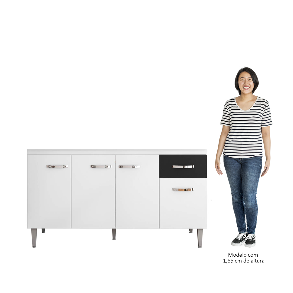 Balcão Gabinete Para Pia Sem Tampo 150cm 4 Portas e 1 Gaveta Flex Gabriela Branco/Preto - AJL Móveis