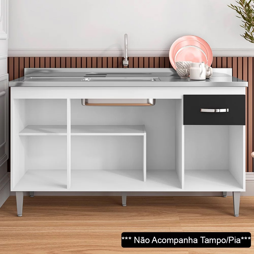 Balcão Gabinete Para Pia Sem Tampo 150cm 4 Portas e 1 Gaveta Flex Gabriela Branco/Preto - AJL Móveis