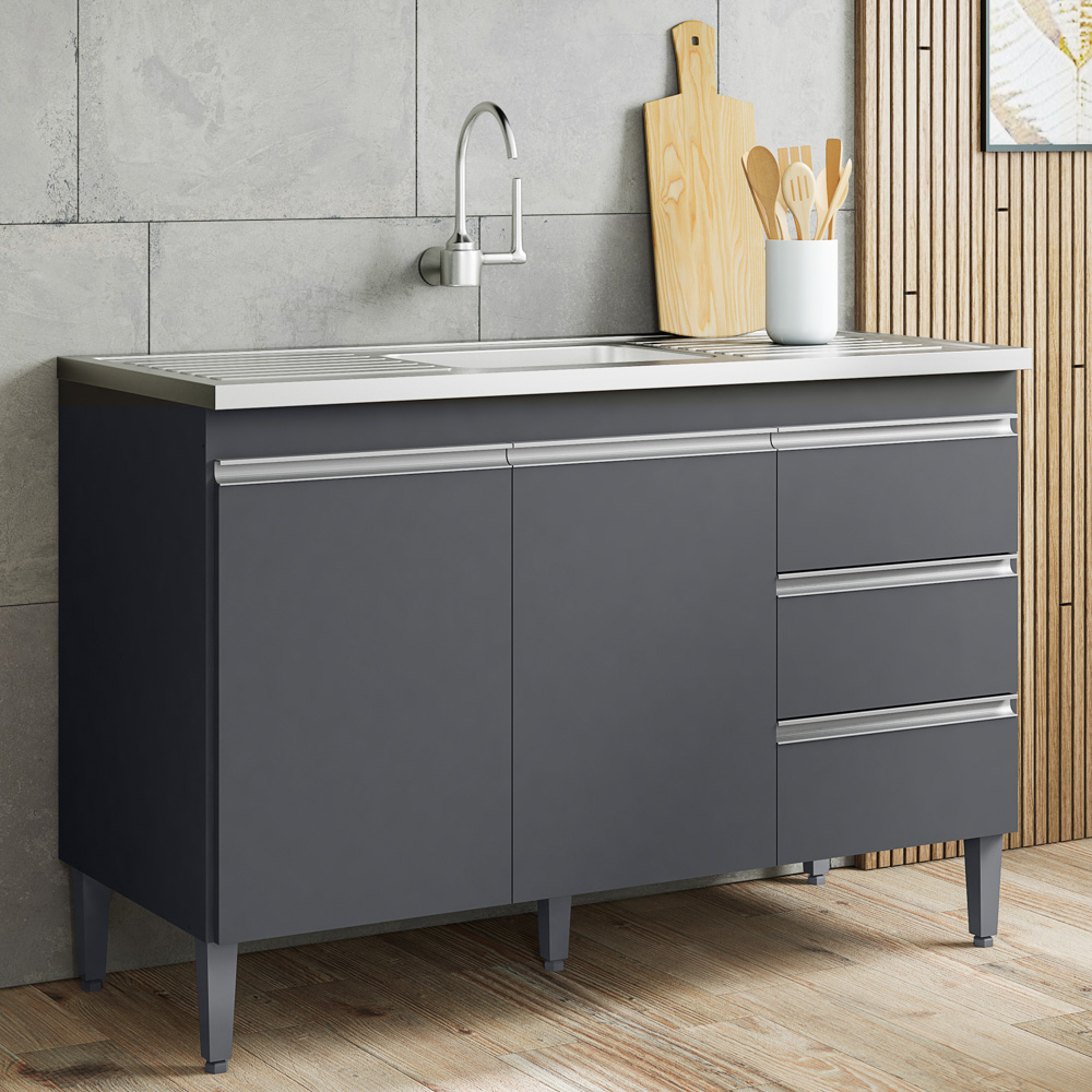 Balcão Gabinete com Pia Inox 120cm Andréia 2 Portas Cinza - AJL Móveis