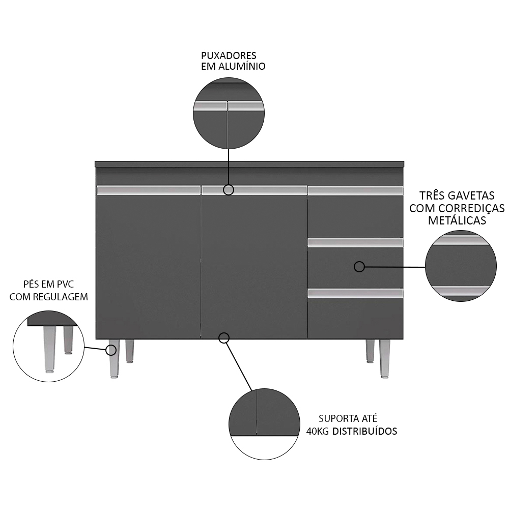 Balcão Gabinete com Pia Inox 120cm Andréia 2 Portas Cinza - AJL Móveis