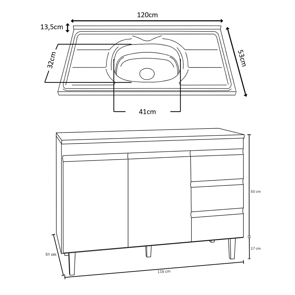 Balcão Gabinete com Pia Inox 120cm Andréia 2 Portas Cinza - AJL Móveis