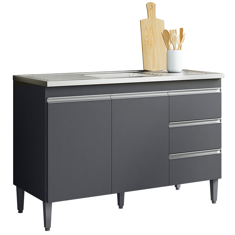 Balcão Gabinete com Pia Inox 120cm Andréia 2 Portas Cinza - AJL Móveis