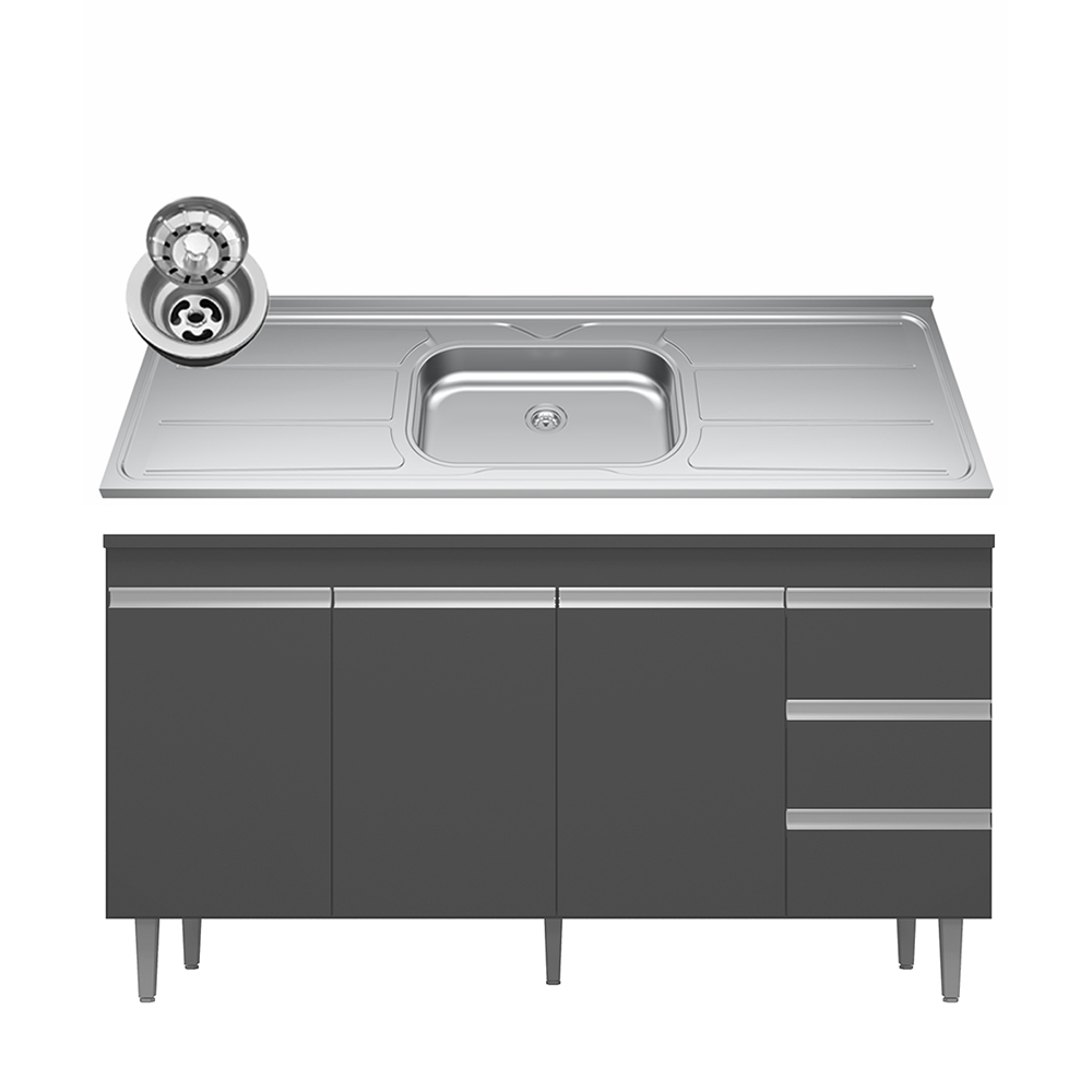 Balcão Gabinete com Pia Inox 150cm Andréia 3 Portas Cinza - AJL Móveis