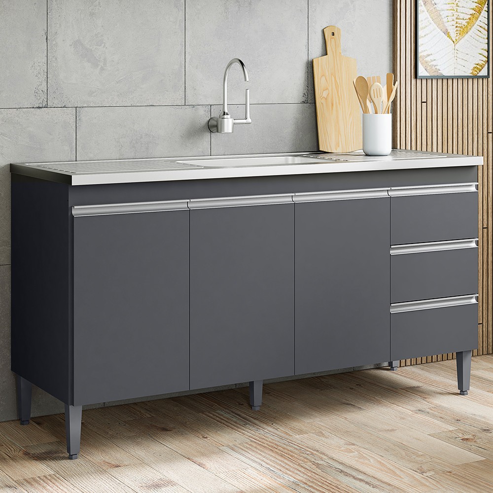 Balcão Gabinete com Pia Inox 150cm Andréia 3 Portas Cinza - AJL Móveis