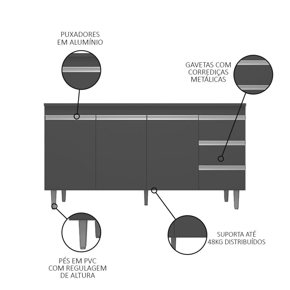 Balcão Gabinete com Pia Inox 150cm Andréia 3 Portas Cinza - AJL Móveis