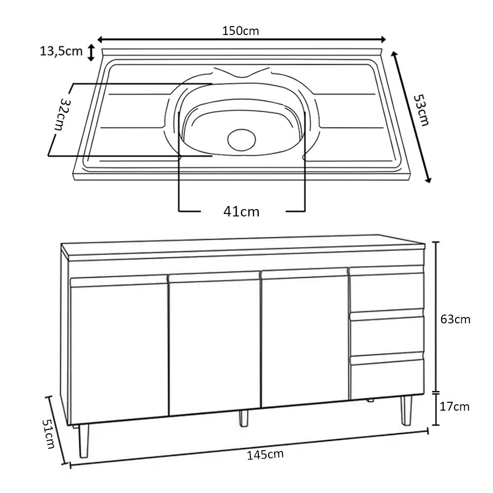 Balcão Gabinete com Pia Inox 150cm Andréia 3 Portas Cinza - AJL Móveis