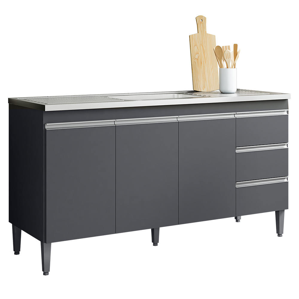 Balcão Gabinete com Pia Inox 150cm Andréia 3 Portas Cinza - AJL Móveis