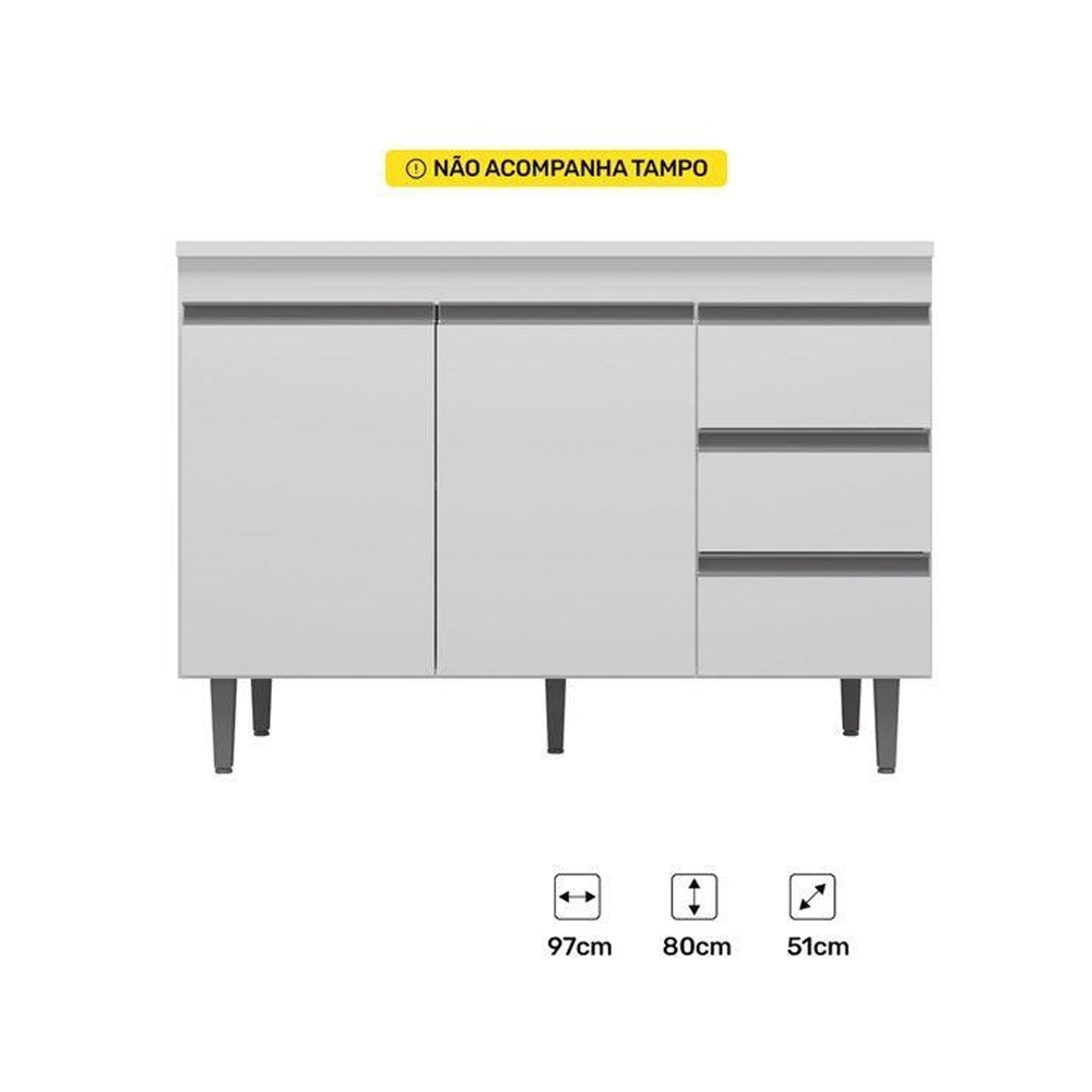 Balcão Gabinete de Pia sem Tampo 100cm 2 Portas 3 Gavetas Andréia Branco - AJL Móveis