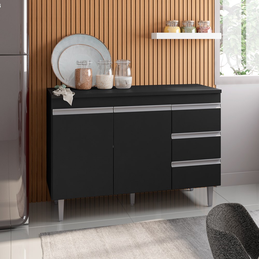 Balcão Gabinete de Pia sem Tampo 100cm 2 Portas 3 Gavetas Andréia Branco/Preto Total - AJL Móveis