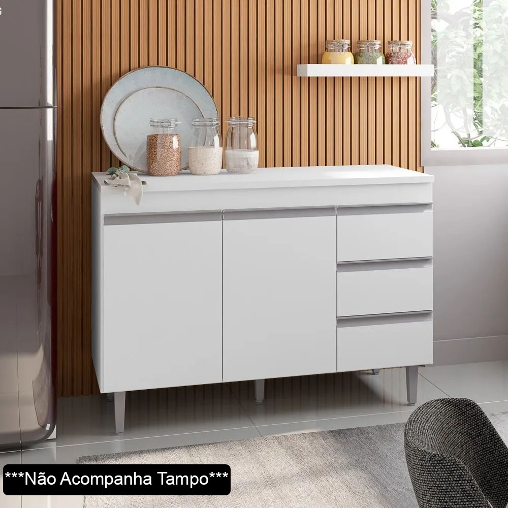 Balcão Gabinete de Pia sem Tampo 120cm 2 Portas 3 Gavetas Andréia Branco - AJL Móveis