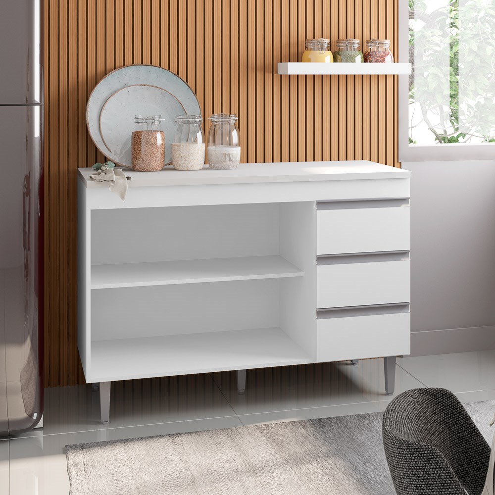 Balcão Gabinete de Pia sem Tampo 120cm 2 Portas 3 Gavetas Andréia Branco - AJL Móveis