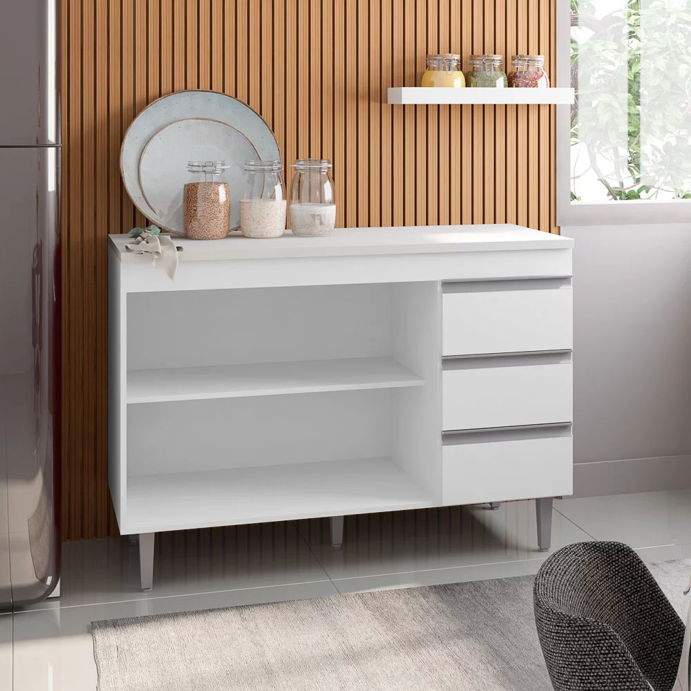 Balcão Gabinete de Pia sem Tampo 120cm 2 Portas 3 Gavetas Andréia Branco - AJL Móveis