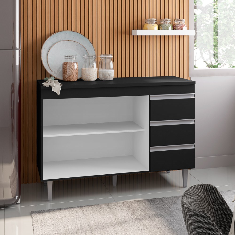 Balcão Gabinete de Pia sem Tampo 120cm 2 Portas 3 Gavetas Andréia Branco/Preto Total - AJL Móveis