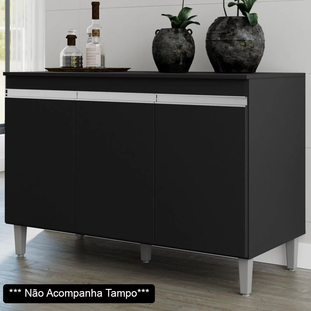 Balcão Gabinete de Pia sem Tampo 120cm 3 Portas Manu Preto - AJL Móveis