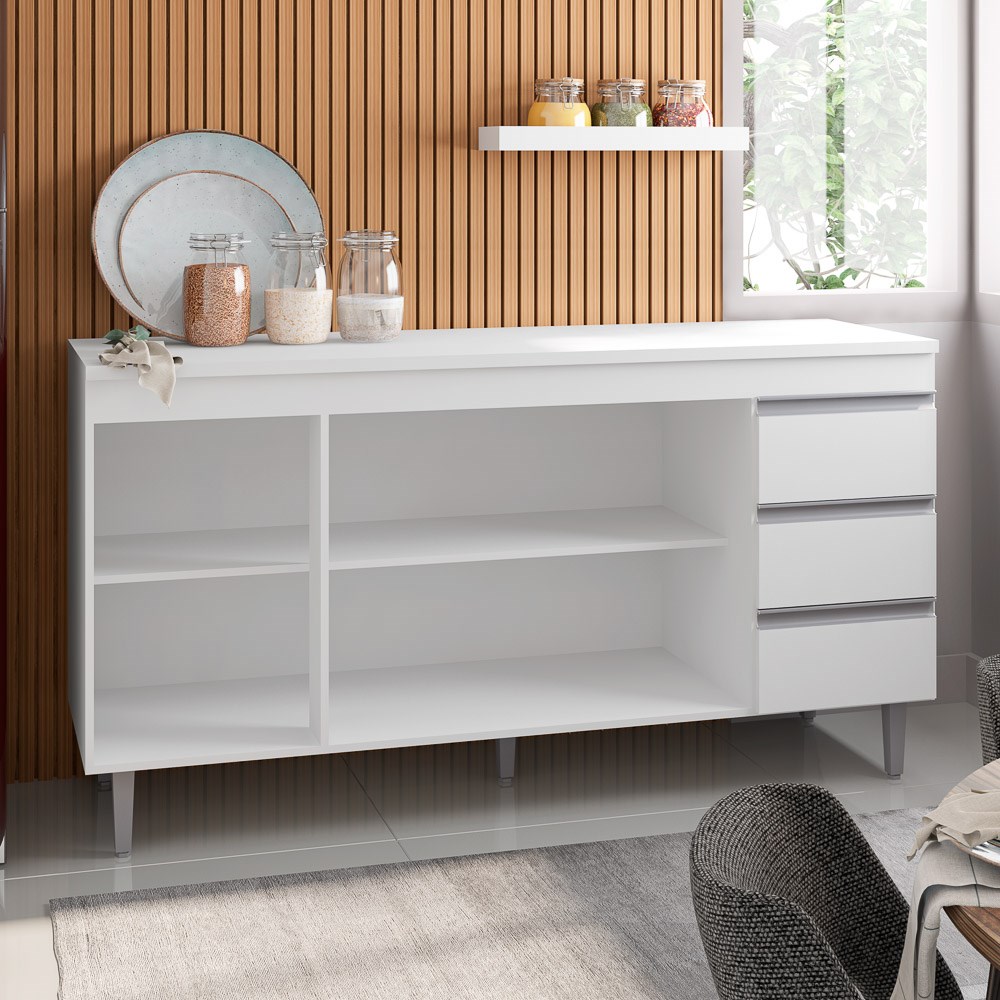 Balcão Gabinete de Pia sem Tampo 160cm 3 Portas 3 Gavetas Andréia Branco - AJL Móveis