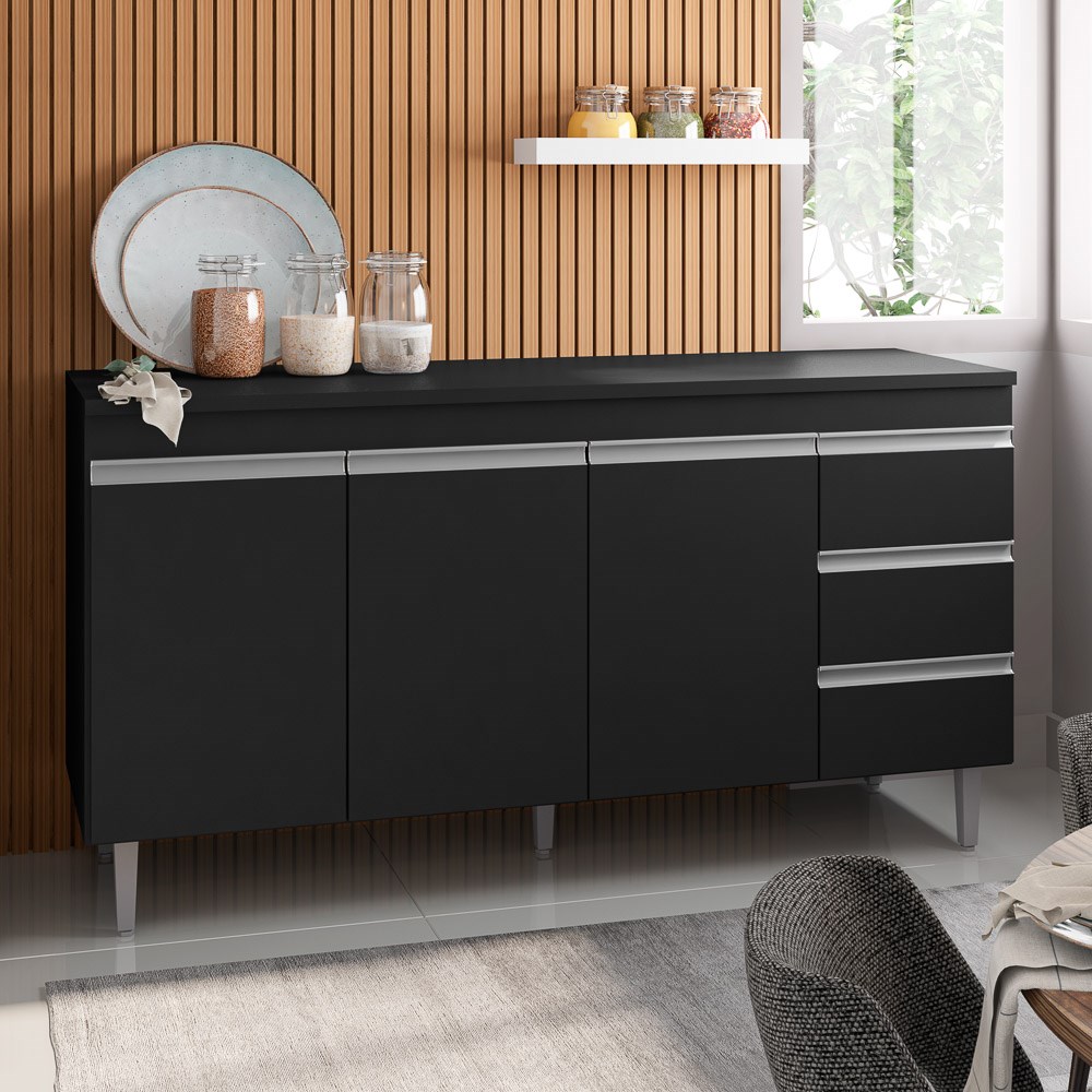 Balcão Gabinete de Pia sem Tampo 160cm 3 Portas 3 Gavetas Andréia Branco/Preto Total - AJL Móveis