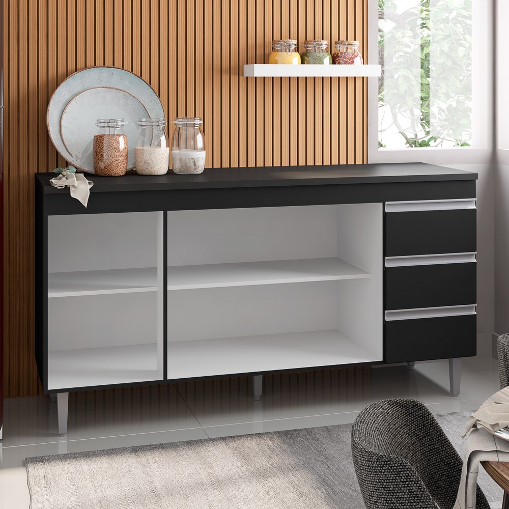 Balcão Gabinete de Pia sem Tampo 160cm 3 Portas 3 Gavetas Andréia Branco/Preto Total - AJL Móveis
