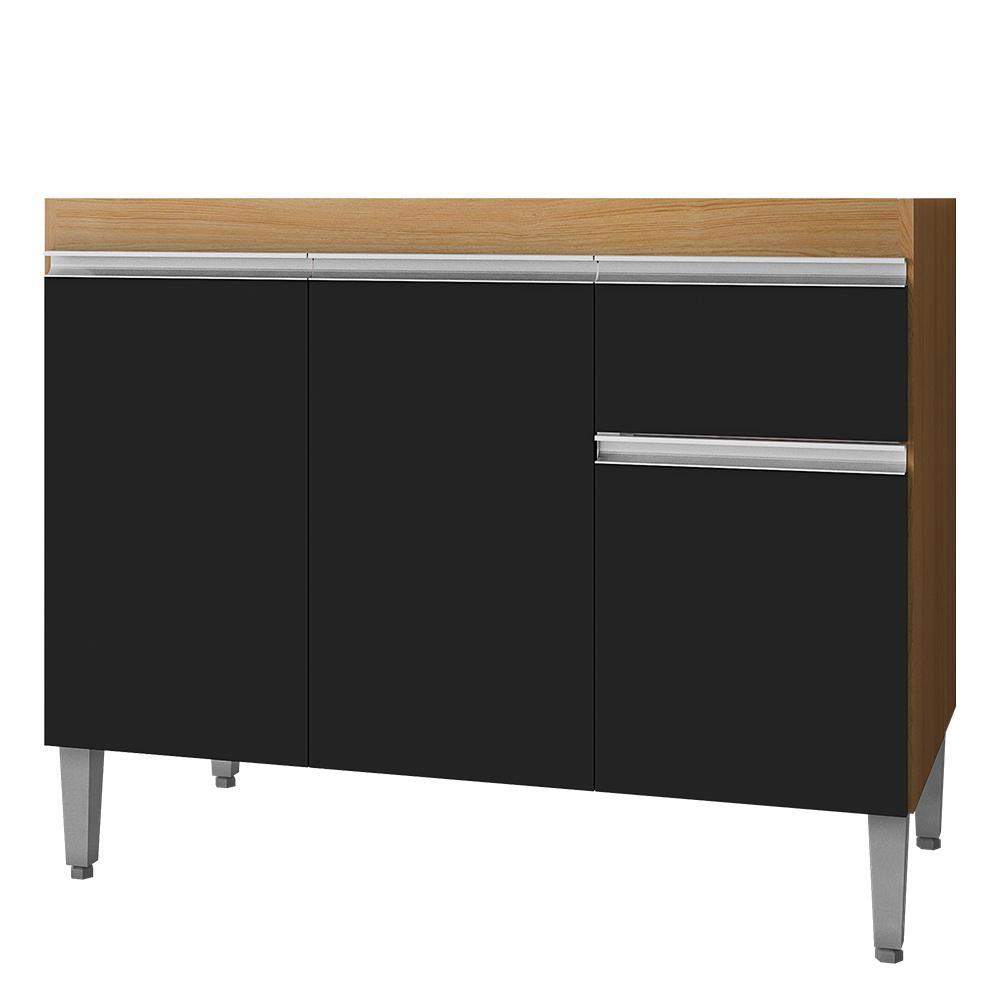 Balcão Pia Tatiane 118cm 3 Portas Amêndoa/Preto sem Tampo - AJL Móveis