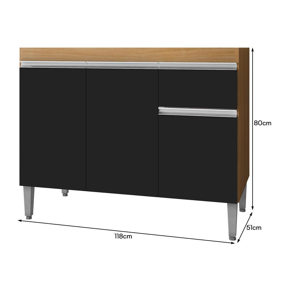Balcão Pia Tatiane 118cm 3 Portas Amêndoa/Preto sem Tampo - AJL Móveis