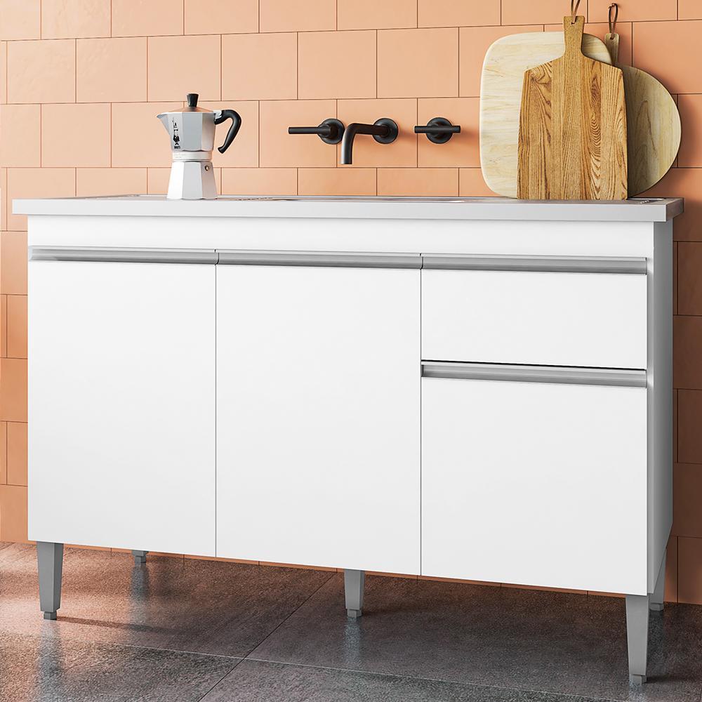 Balcão Pia Tatiane 118cm 3 Portas Branco sem Tampo - AJL Móveis