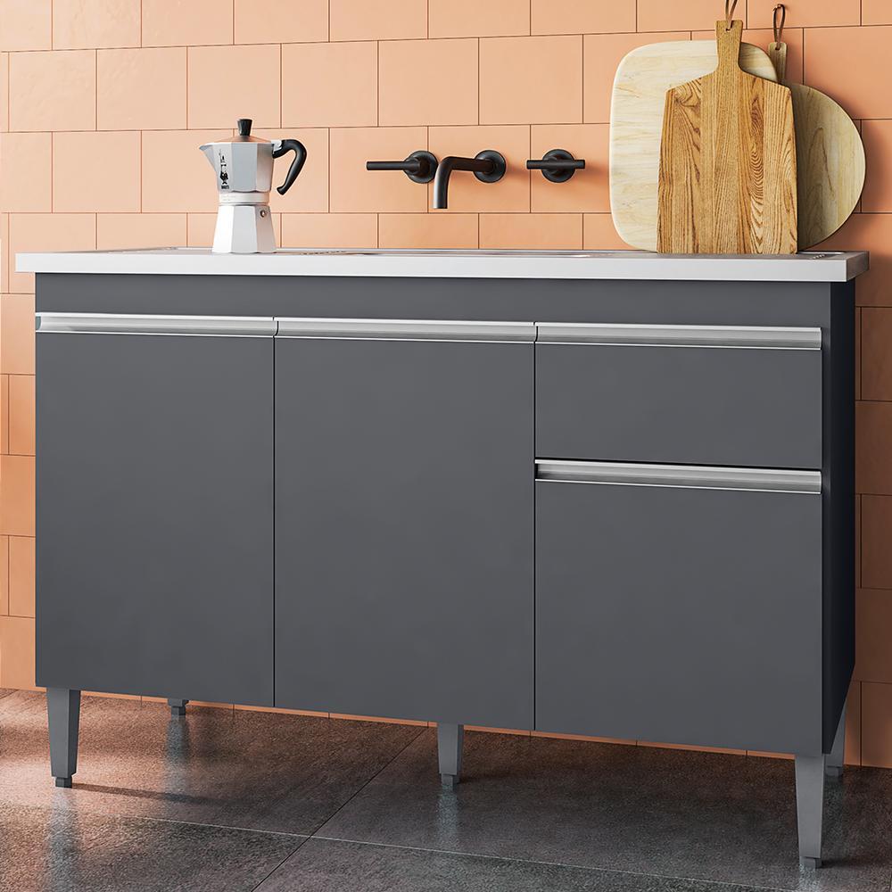 Balcão Pia Tatiane 118cm 3 Portas Cinza sem Tampo - AJL Móveis