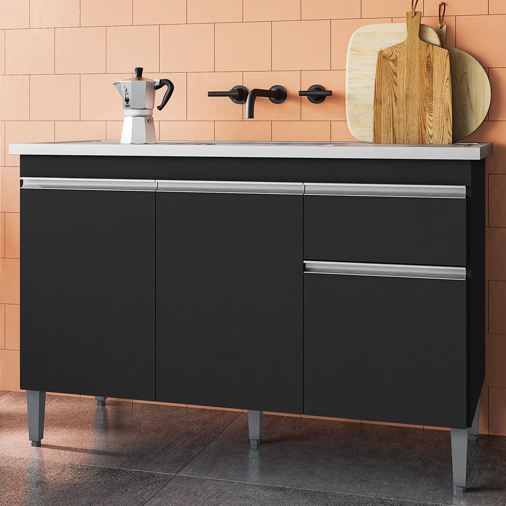 Balcão Pia Tatiane 118cm 3 Portas Preto sem Tampo - AJL Móveis