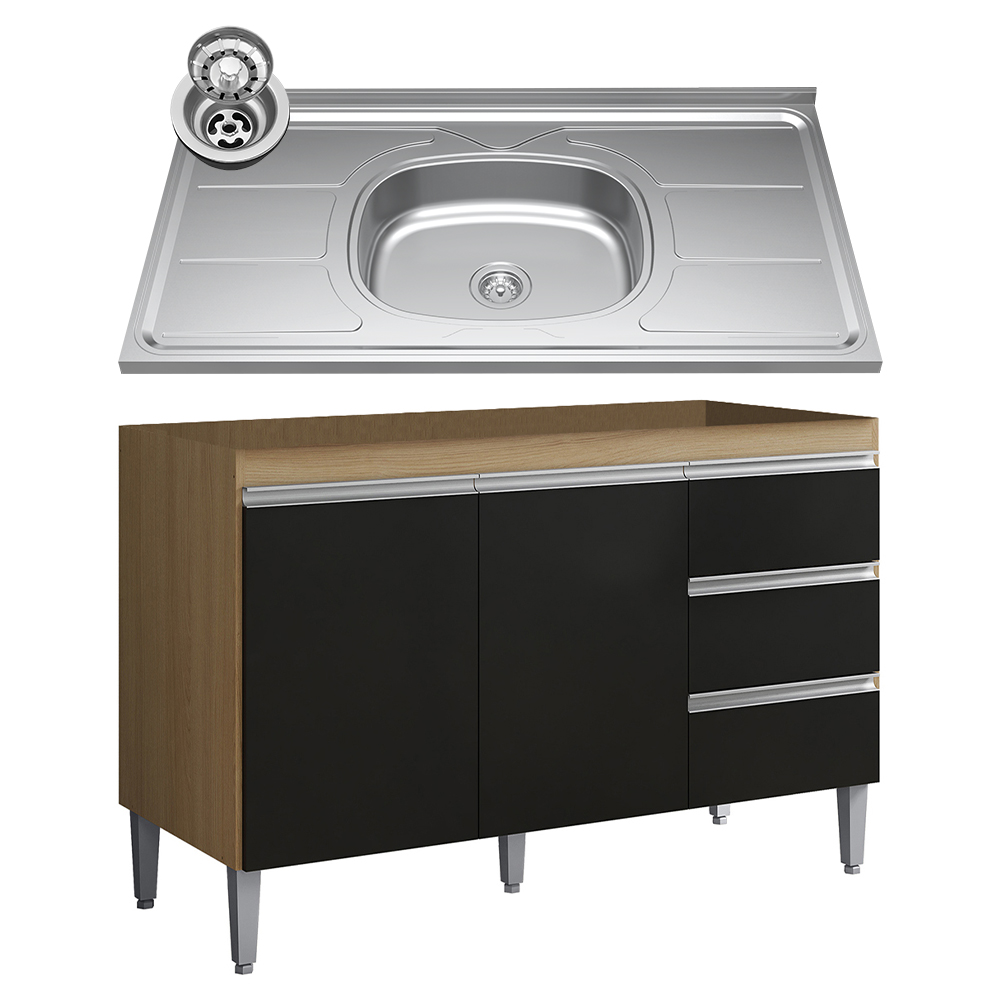 Balcão de Cozinha Com Pia Inox 100cm 3 Gavetas Andréia Amêndoa/Preto - AJL Móveis